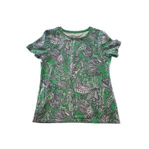 Talbots Petite M Green Paisley Print Short Sleeve Crew Neck Cotton T Shirt Top